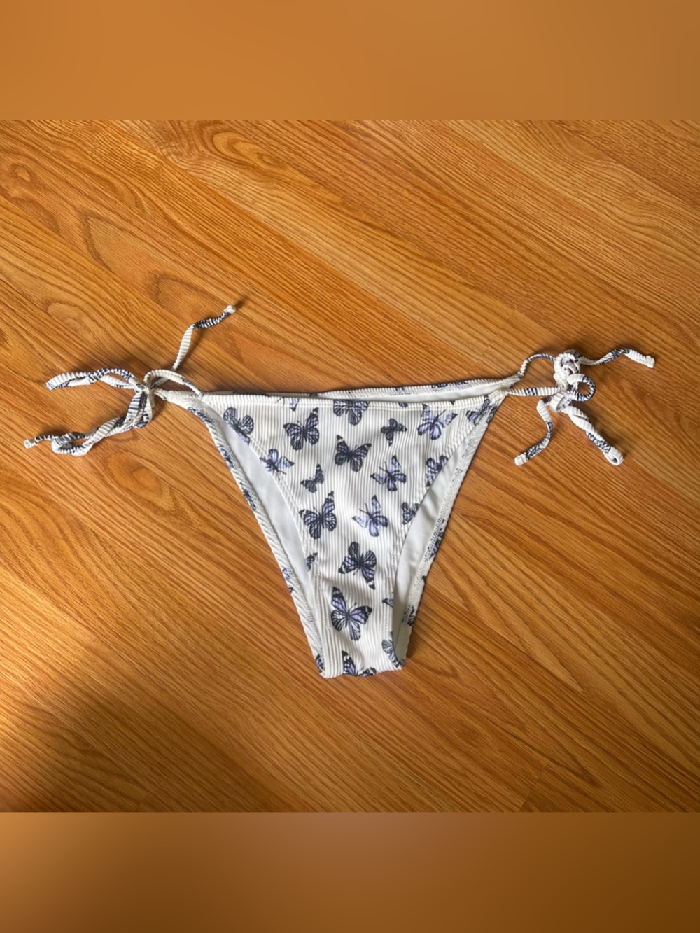 White Ribbed Bikini Bottom with Blue Butterfly Print